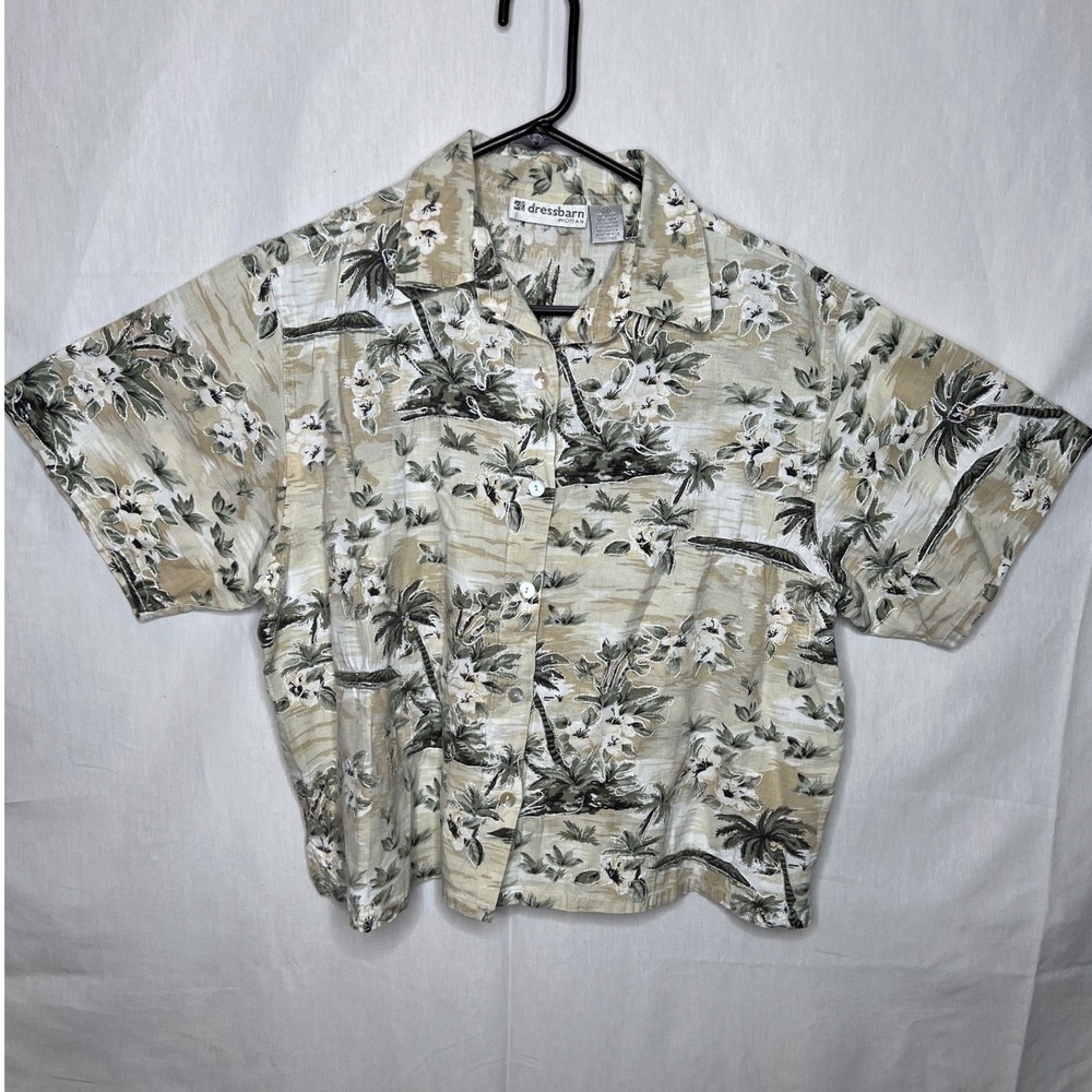 Dressbarn Woman Linen Cotton Tropical Palm Tree Button Front Shirt Tan Green 2X